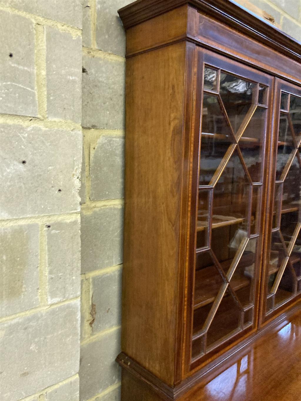 An Edwardian mahogany W&G (?) inlaid secretaire bookcase, width 107cm, depth 54cm, height 240cm